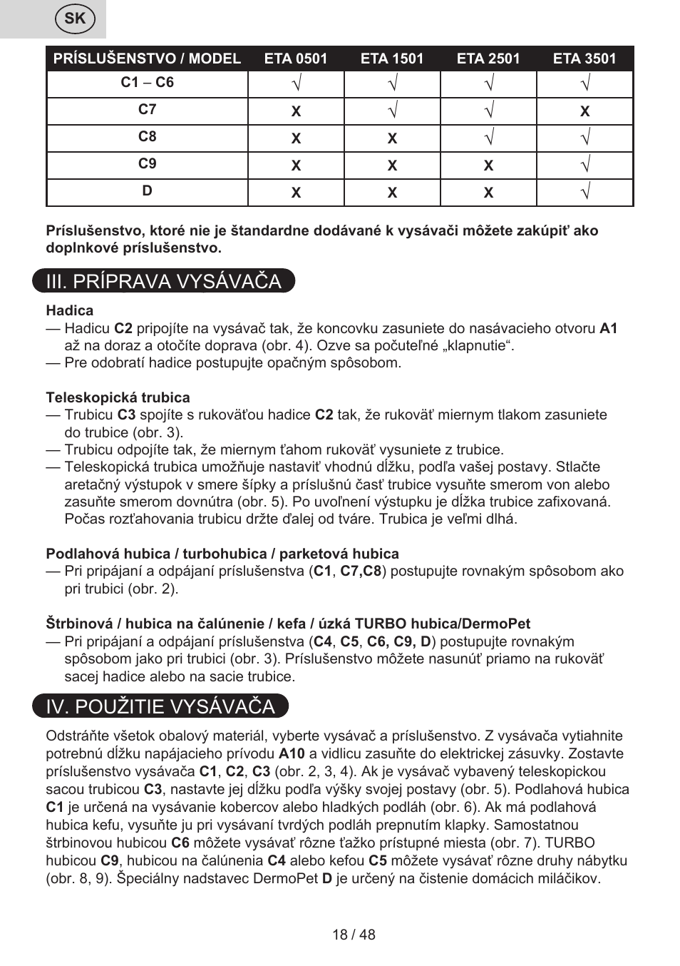 Iii. príprava vysávača, Iv. použitie vysávača | ETA Manoa Animal User Manual | Page 18 / 52