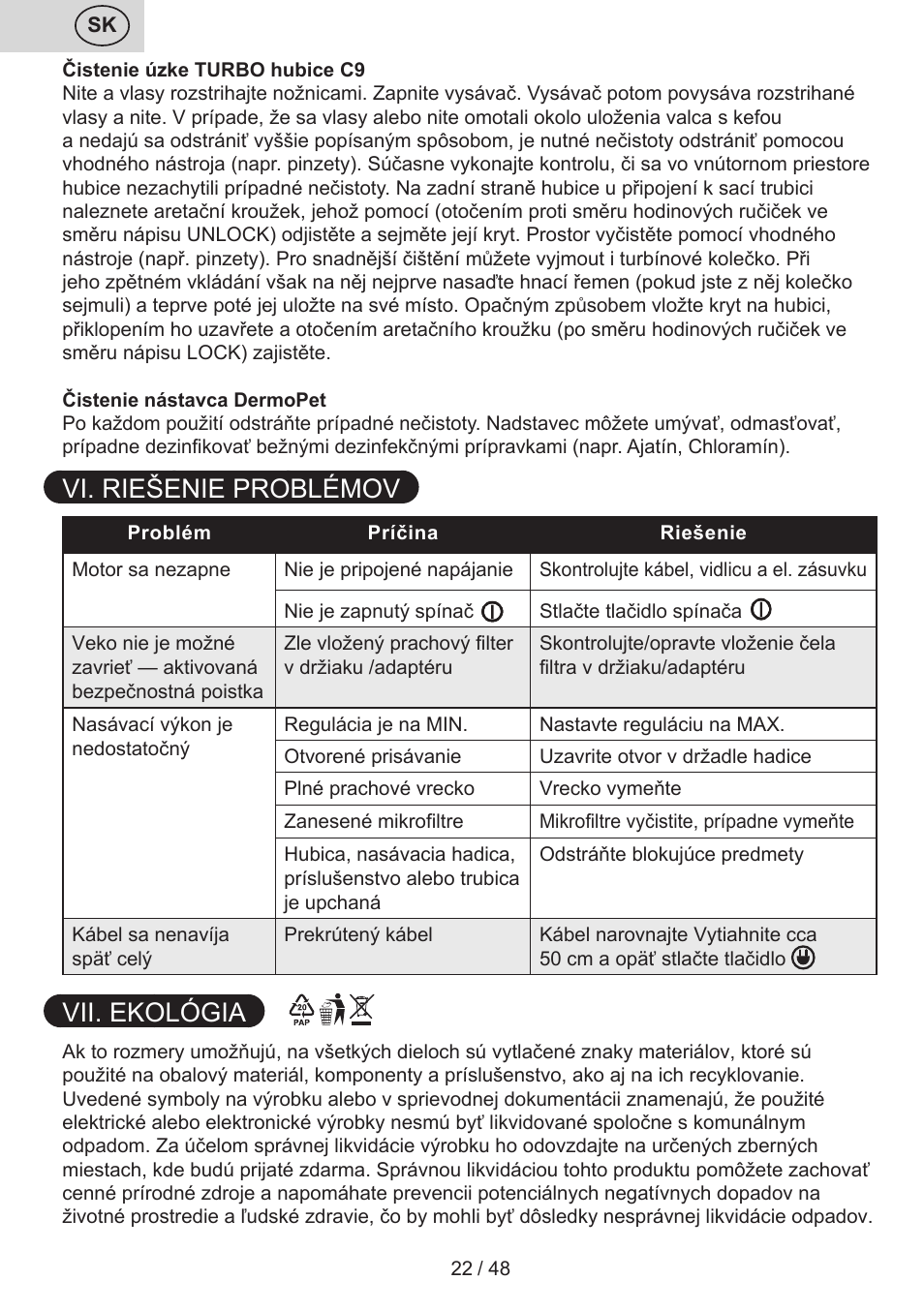 Vi. riešenie problémov, Vii. ekológia | ETA Manoa Animal User Manual | Page 22 / 52