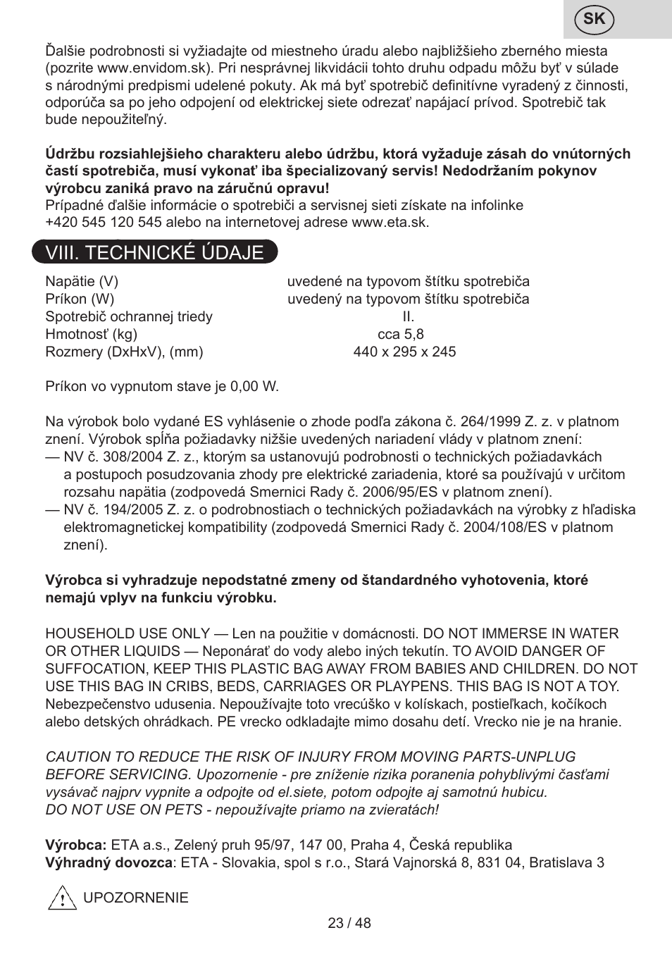 Viii. technické údaje | ETA Manoa Animal User Manual | Page 23 / 52