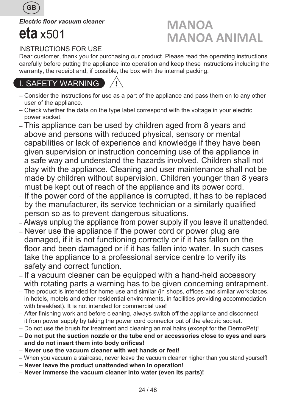 Manoa manoa animal, X501 | ETA Manoa Animal User Manual | Page 24 / 52