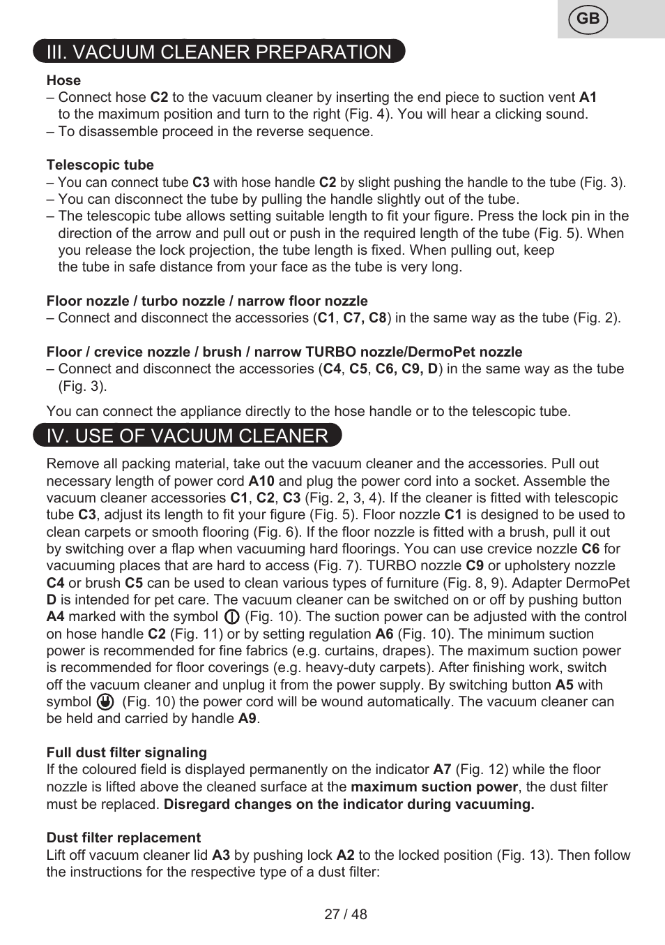 Iii. vacuum cleaner preparation, Iv. use of vacuum cleaner | ETA Manoa Animal User Manual | Page 27 / 52