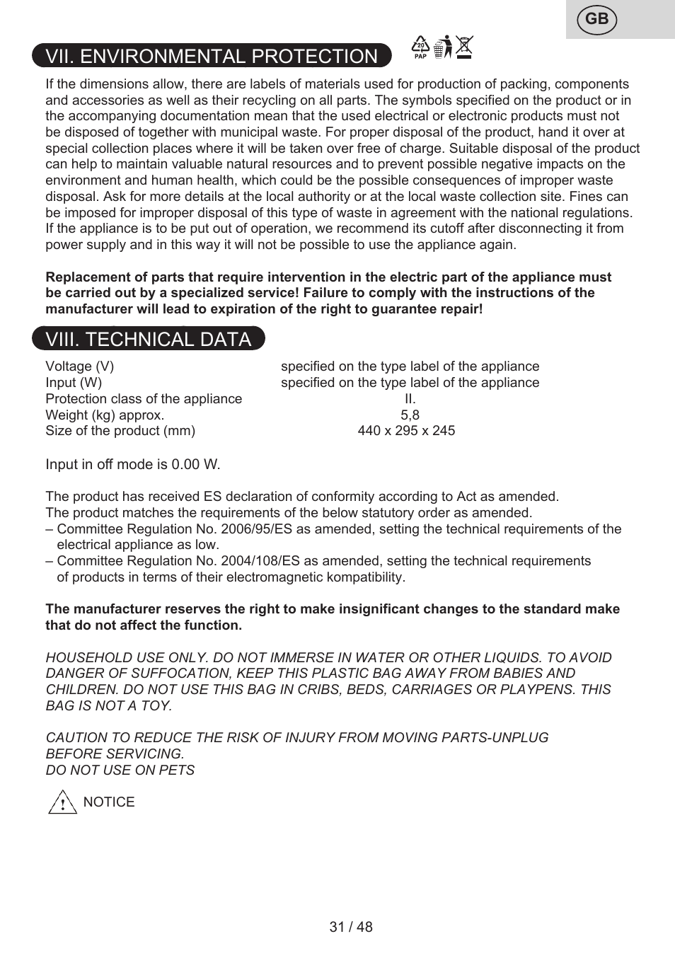 Vii. environmental protection, Viii. technical data | ETA Manoa Animal User Manual | Page 31 / 52