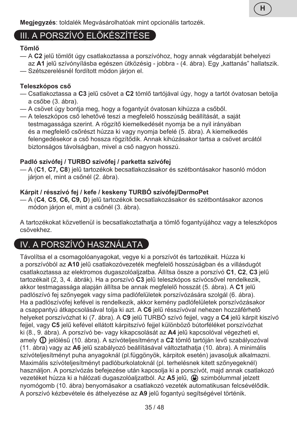 Iii. a porszívó előkészítése, Iv. a porszívó használata | ETA Manoa Animal User Manual | Page 35 / 52