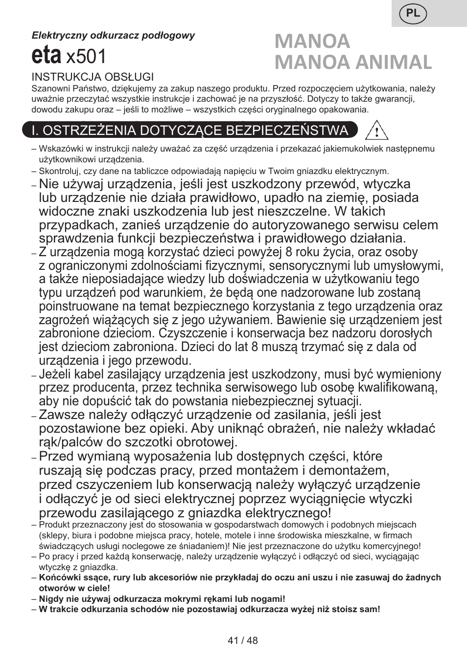Manoa manoa animal, X501 | ETA Manoa Animal User Manual | Page 41 / 52