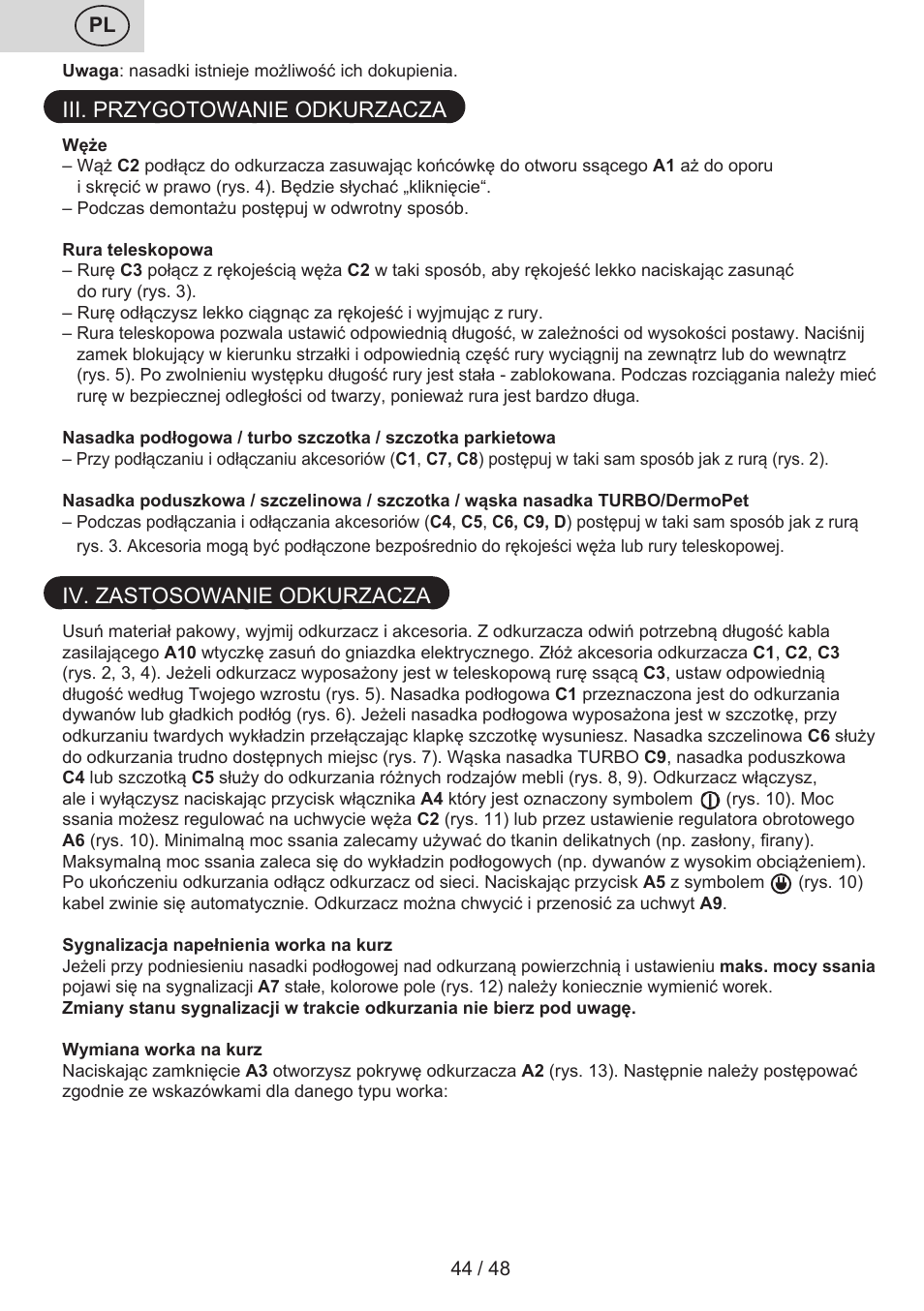 Iii. przygotowanie odkurzacza, Iv. zastosowanie odkurzacza | ETA Manoa Animal User Manual | Page 44 / 52