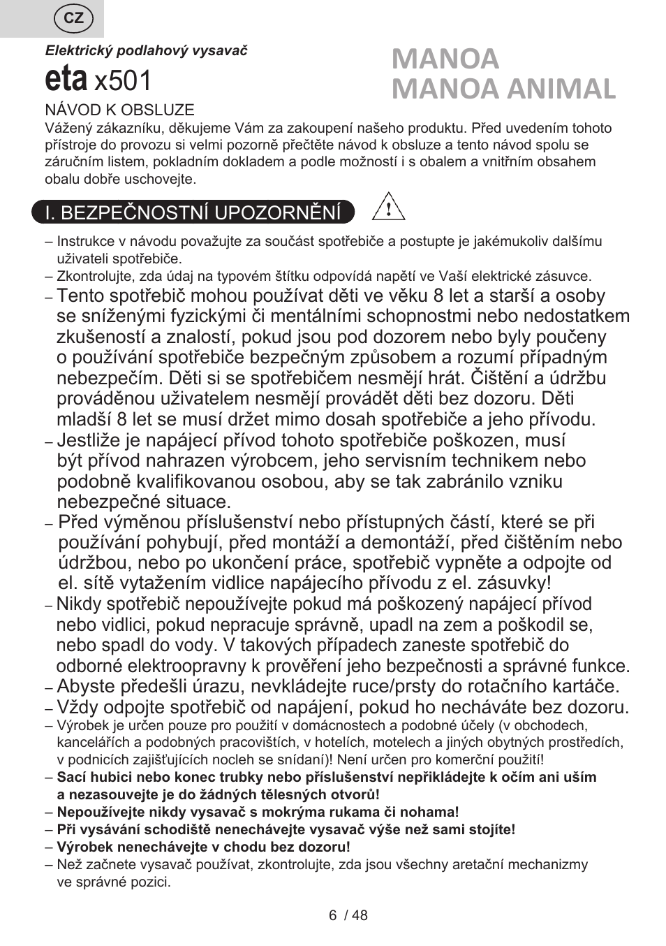 Manoa manoa animal, X501 | ETA Manoa Animal User Manual | Page 6 / 52