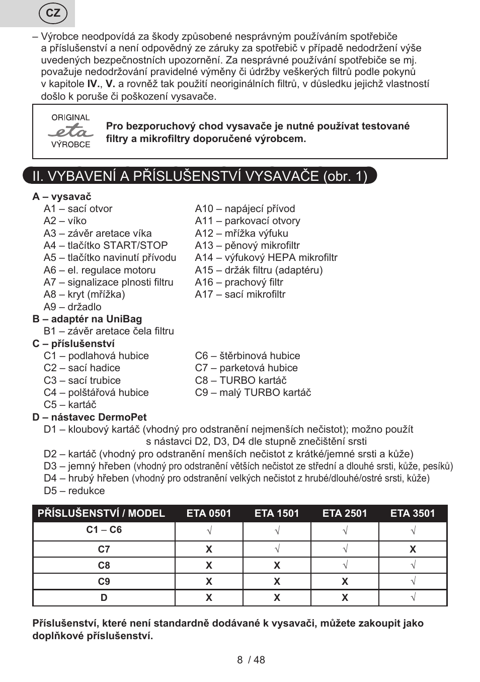 Ii. vybavení a příslušenství vysavače (obr. 1) | ETA Manoa Animal User Manual | Page 8 / 52