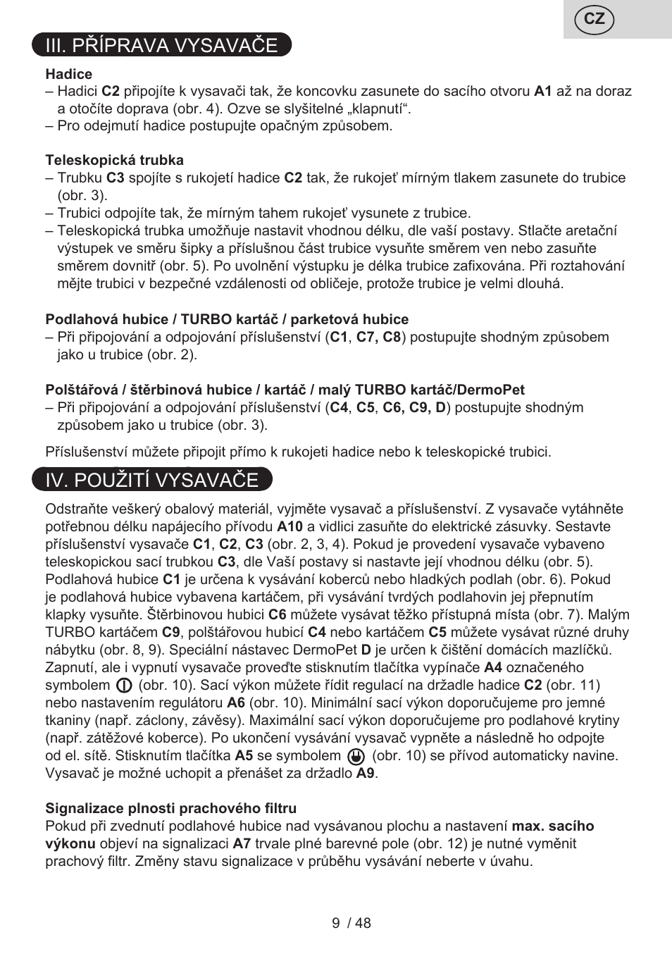 Iii. příprava vysavače, Iv. použití vysavače | ETA Manoa Animal User Manual | Page 9 / 52