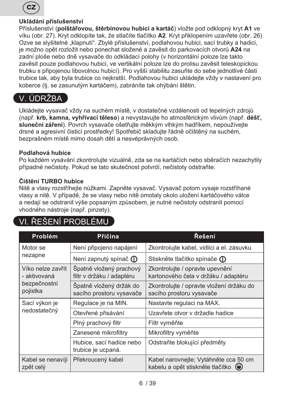 V. údržba, Vi. řešení problému | ETA Novel User Manual | Page 13 / 48