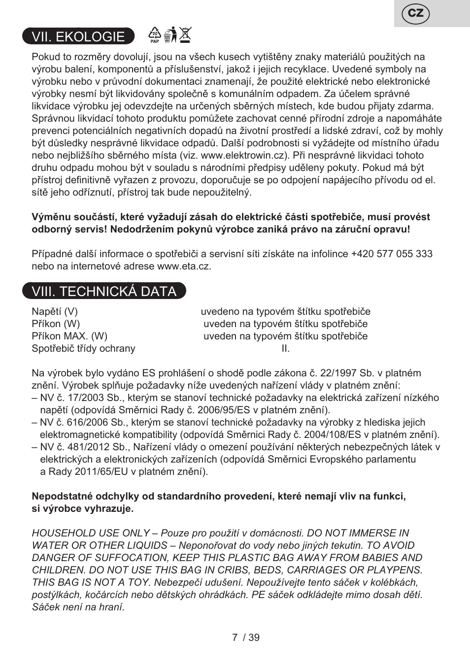 Vii. ekologie, Viii. technická data | ETA Novel User Manual | Page 14 / 48