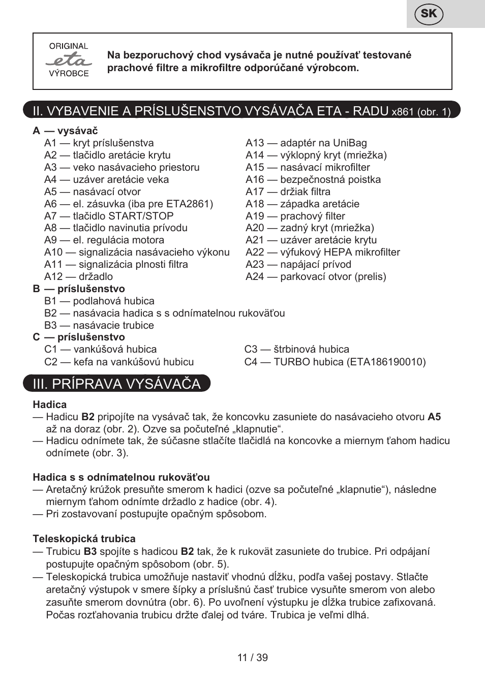 Iii. príprava vysávača, Ii. vybavenie a príslušenstvo vysávača eta - radu | ETA Novel User Manual | Page 18 / 48