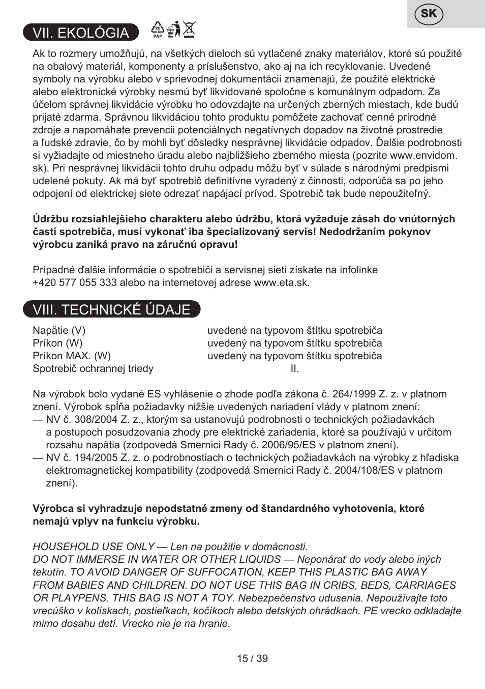 Vii. ekológia, Viii. technické údaje | ETA Novel User Manual | Page 22 / 48