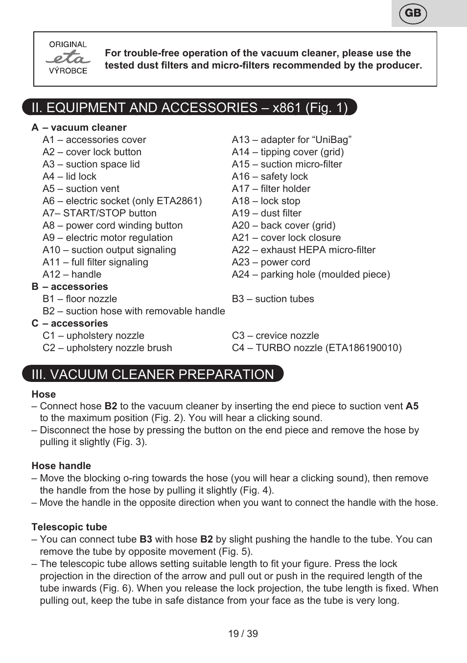 Ii. equipment and accessories – x861 (fig. 1), Iii. vacuum cleaner preparation | ETA Novel User Manual | Page 26 / 48
