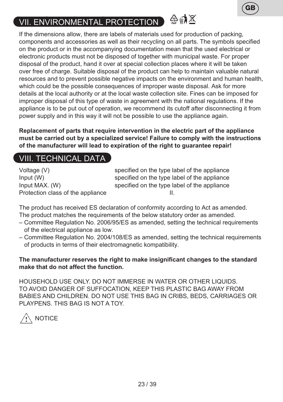 Vii. environmental protection, Viii. technical data | ETA Novel User Manual | Page 30 / 48