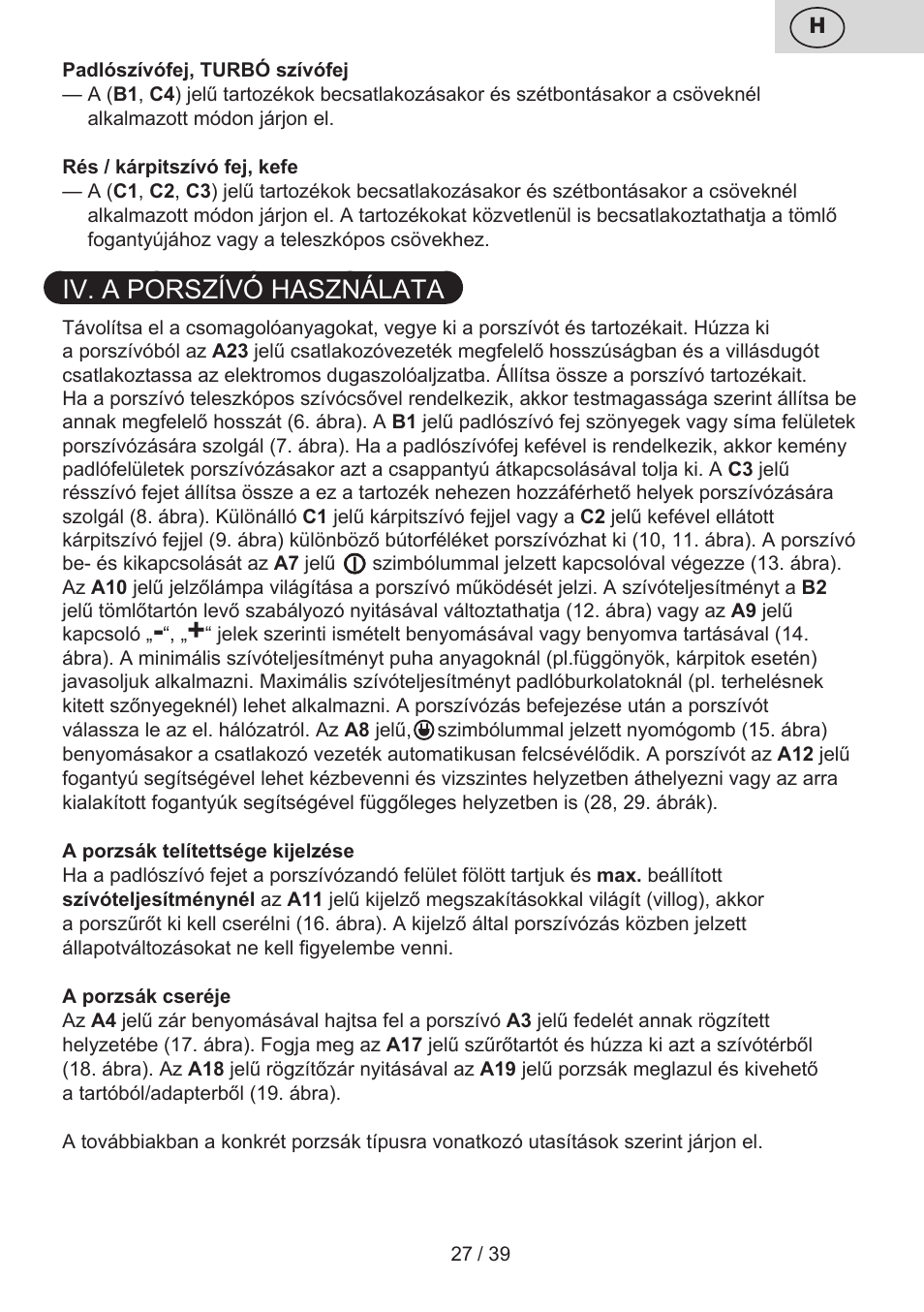 Iv. a porszívó használata | ETA Novel User Manual | Page 34 / 48