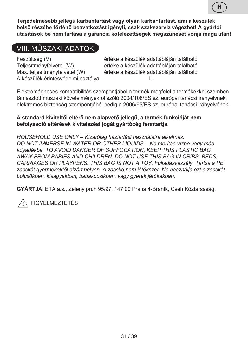 Viii. műszaki adatok | ETA Novel User Manual | Page 38 / 48