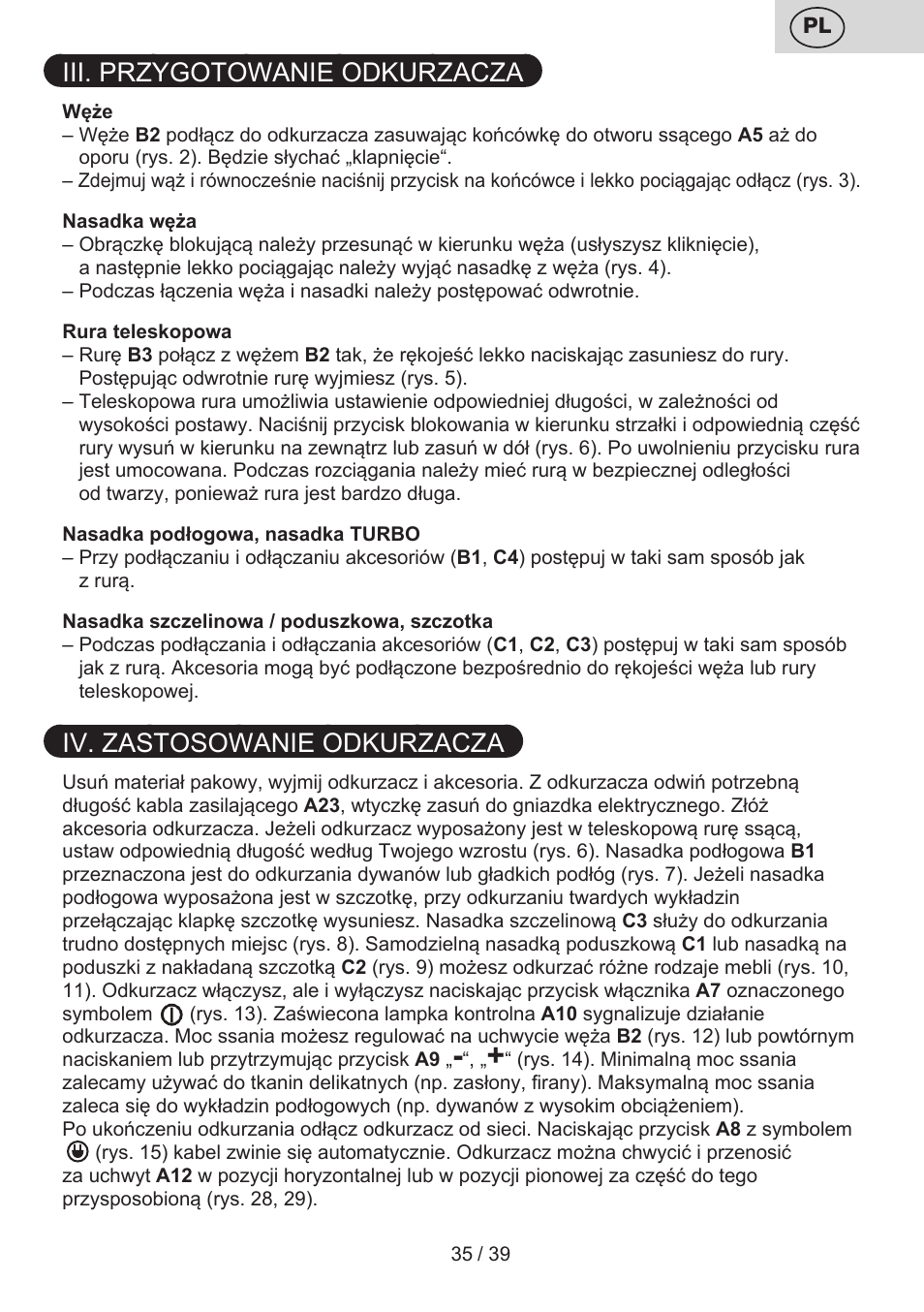 Iii. przygotowanie odkurzacza, Iv. zastosowanie odkurzacza | ETA Novel User Manual | Page 42 / 48
