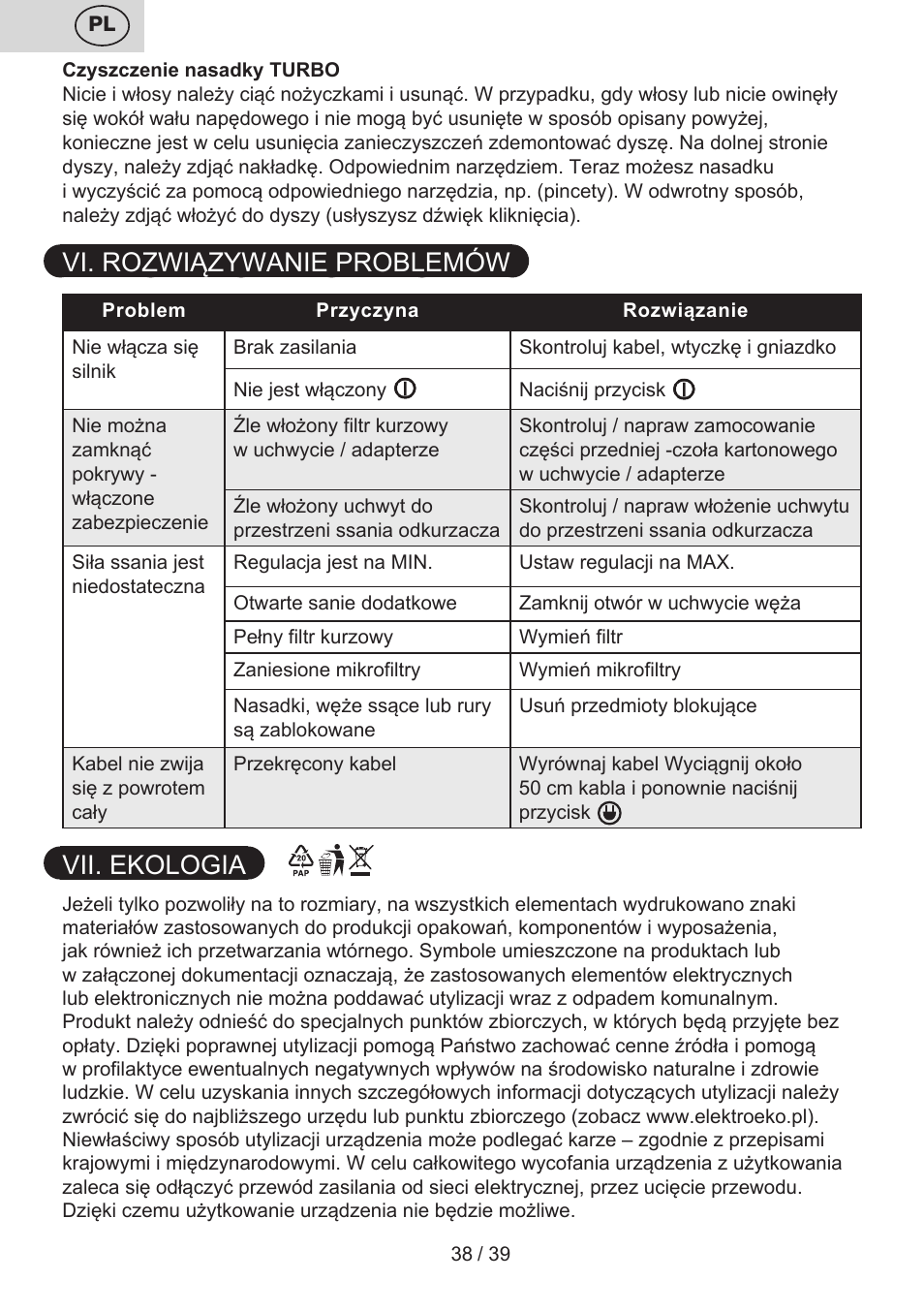 Vi. rozwiązywanie problemów, Vii. ekologia | ETA Novel User Manual | Page 45 / 48