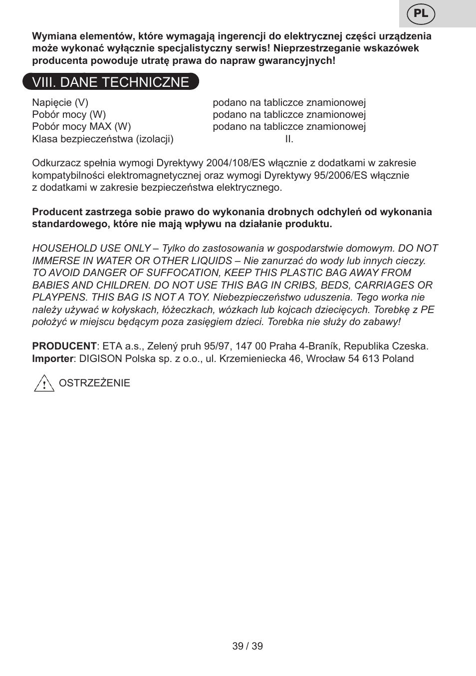 Viii. dane techniczne | ETA Novel User Manual | Page 46 / 48