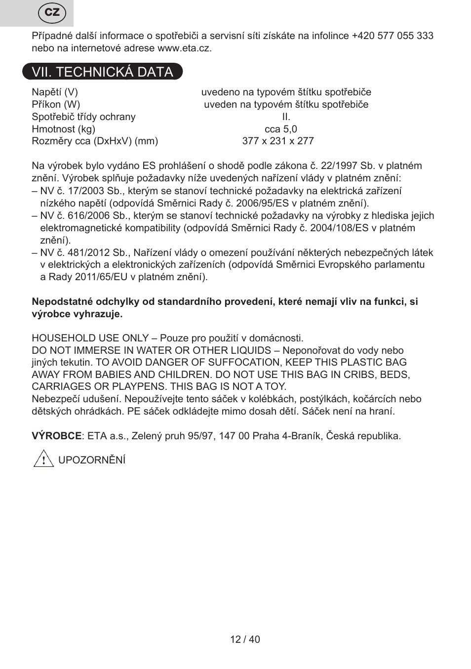 Vii. technická data | ETA Tema User Manual | Page 12 / 44