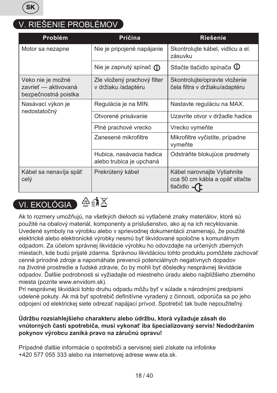 V. riešenie problémov, Vi. ekológia | ETA Tema User Manual | Page 18 / 44