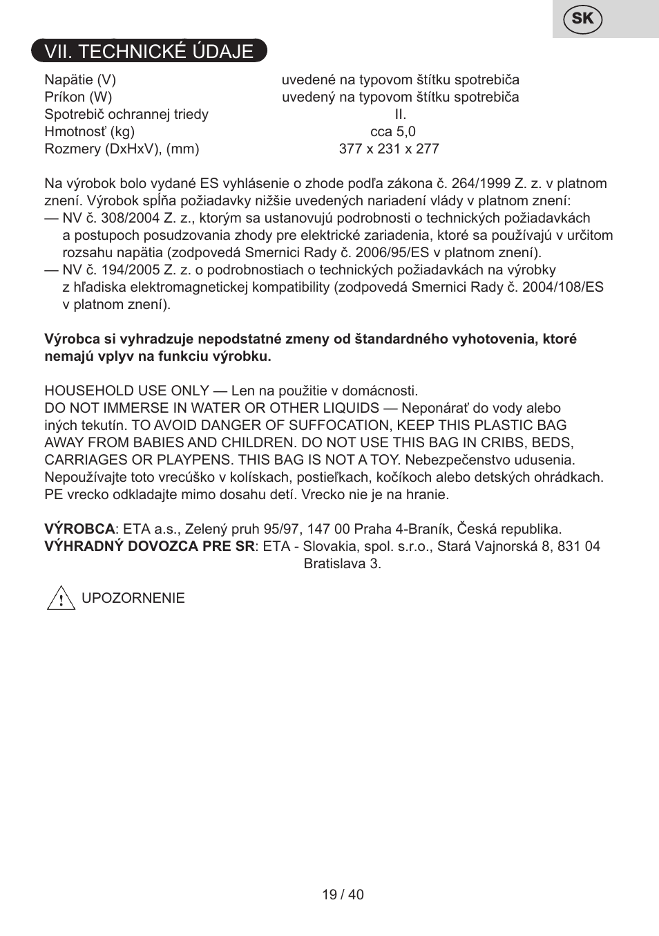 Vii. technické údaje | ETA Tema User Manual | Page 19 / 44