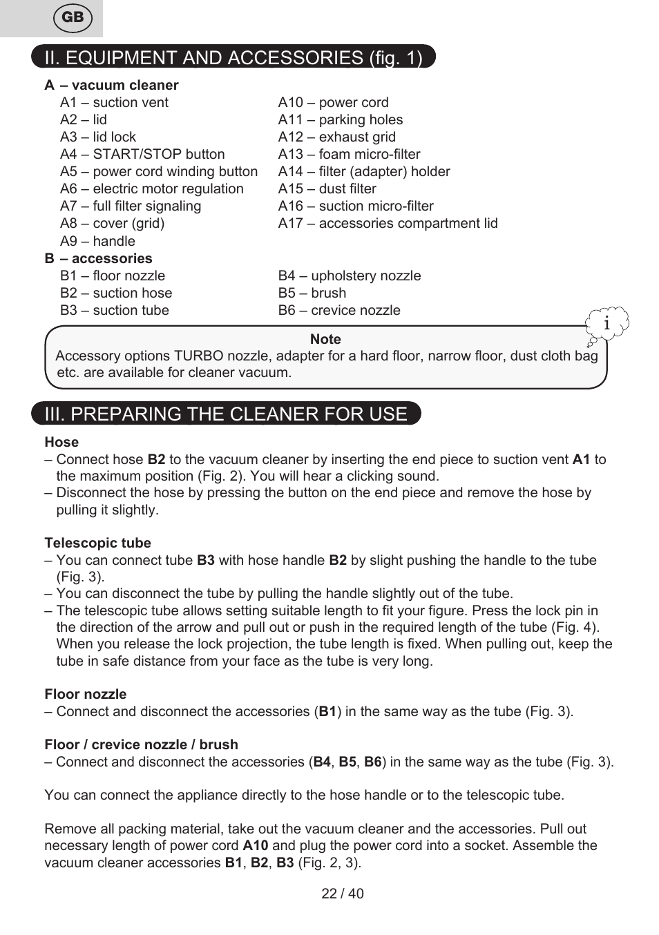 Ii. equipment and accessories (fig. 1), Iii. preparing the cleaner for use | ETA Tema User Manual | Page 22 / 44