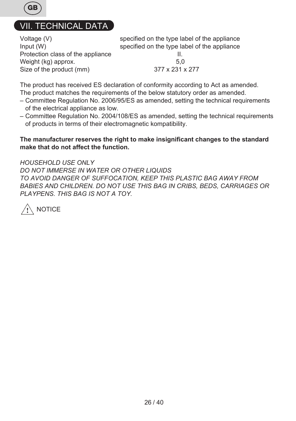 Vii. technical data | ETA Tema User Manual | Page 26 / 44