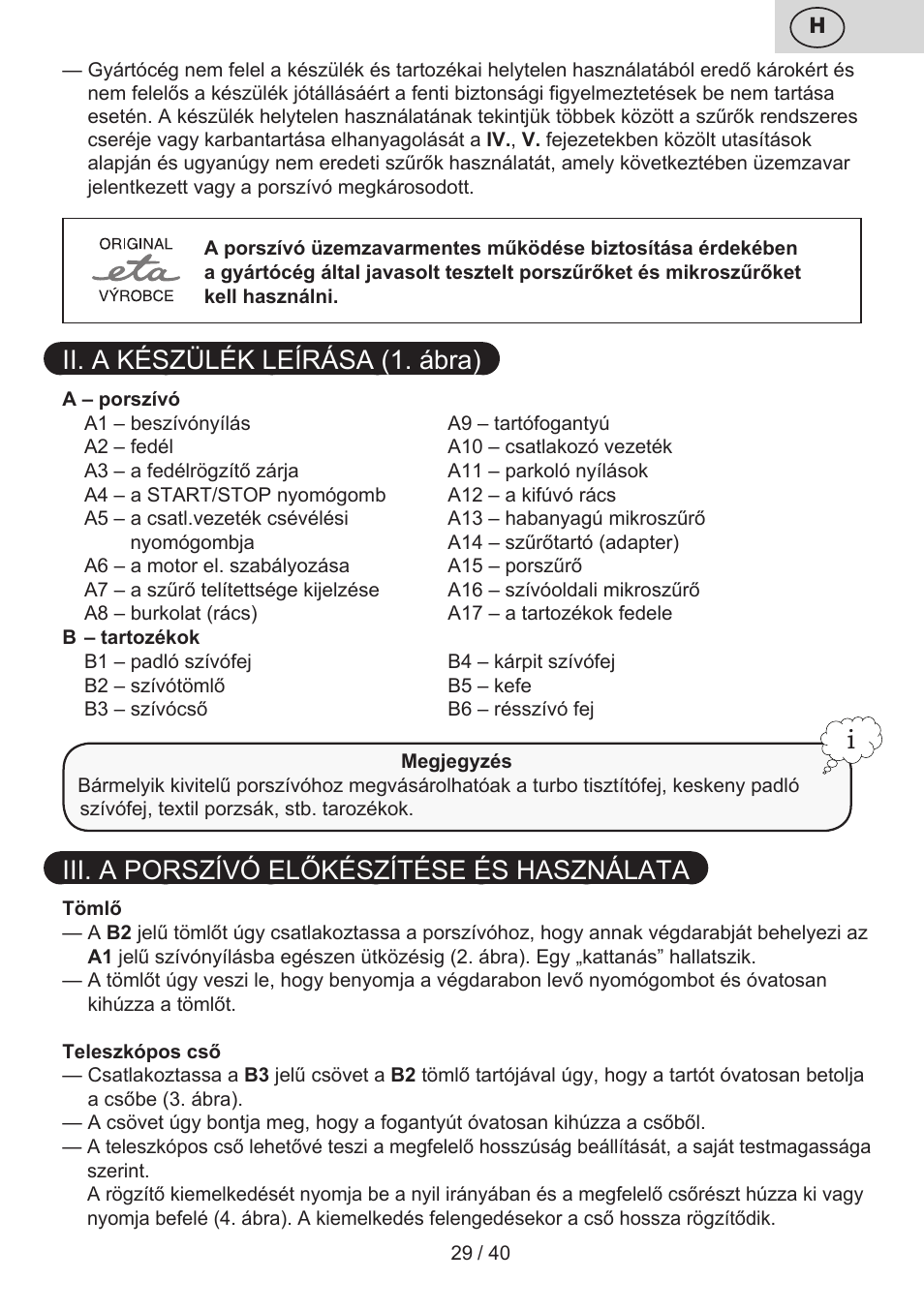 Ii. a készülék leírása (1. ábra), Iii. a porszívó előkészítése és használata | ETA Tema User Manual | Page 29 / 44