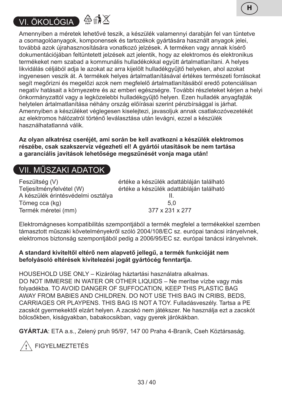 Vi. ökológia, Vii. műszaki adatok | ETA Tema User Manual | Page 33 / 44