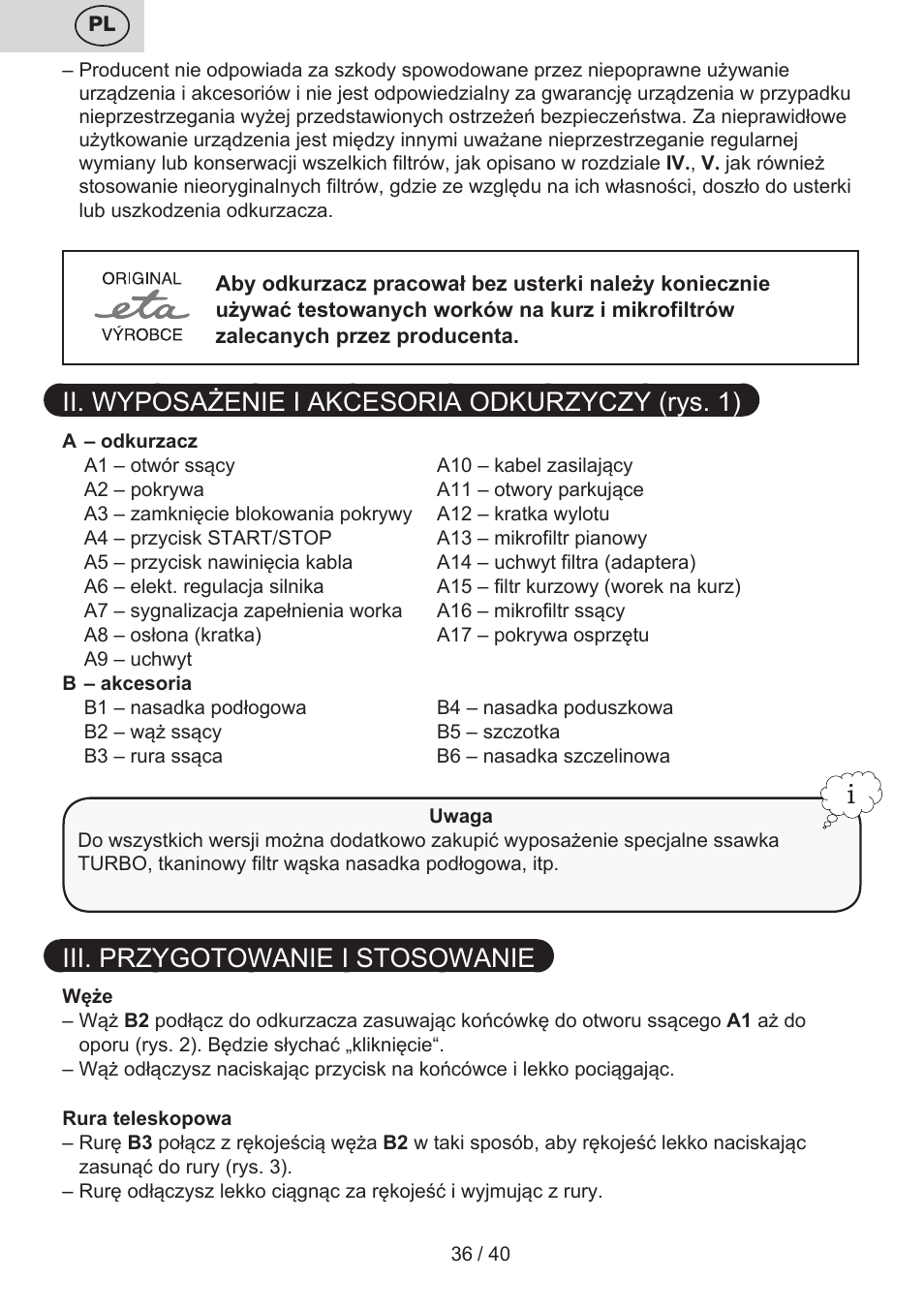 Ii. wyposażenie i akcesoria odkurzyczy (rys. 1), Iii. przygotowanie i stosowanie | ETA Tema User Manual | Page 36 / 44