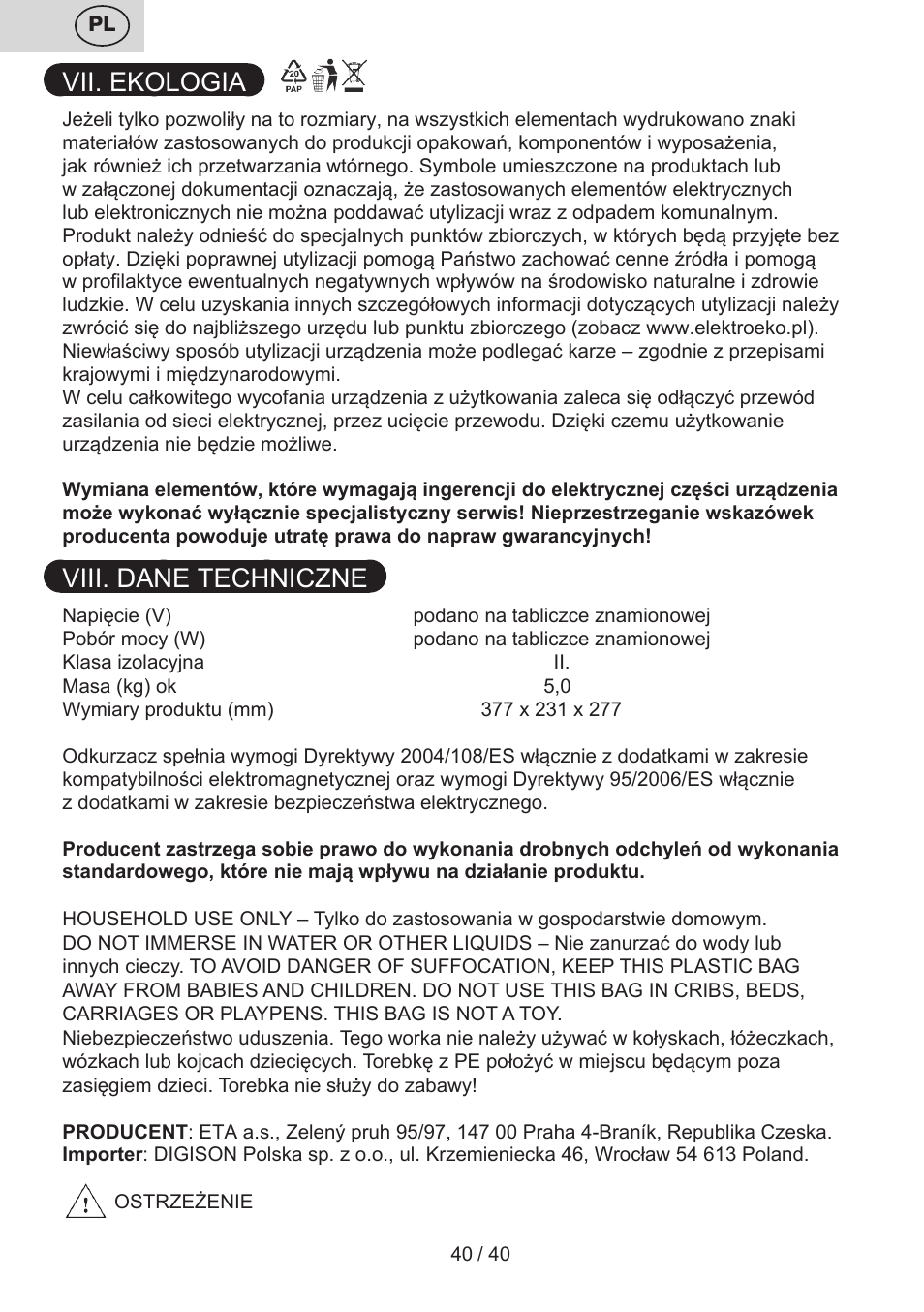 Vii. ekologia, Viii. dane techniczne | ETA Tema User Manual | Page 40 / 44