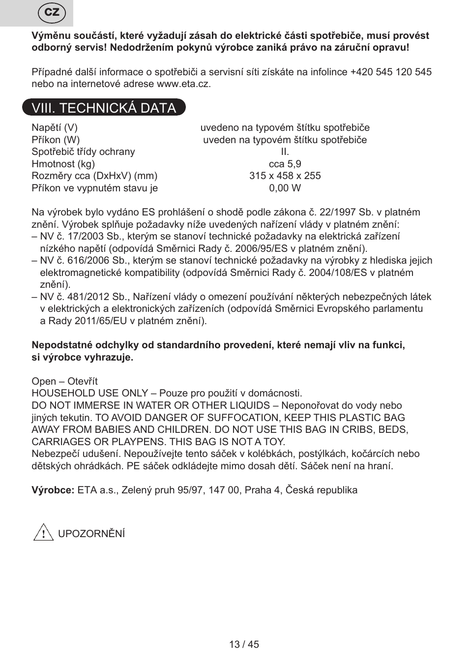 Viii. technická data | ETA Silentino User Manual | Page 13 / 52