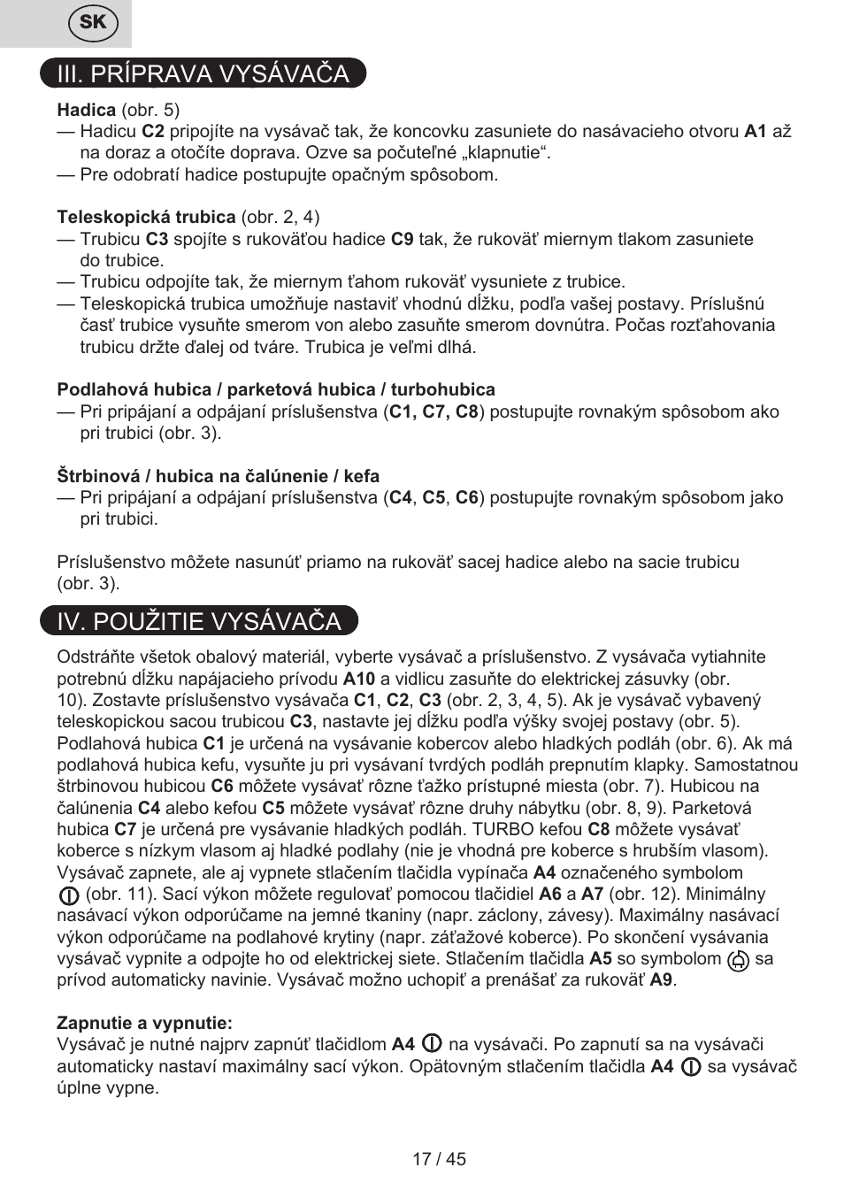 Iii. príprava vysávača, Iv. použitie vysávača | ETA Silentino User Manual | Page 17 / 52