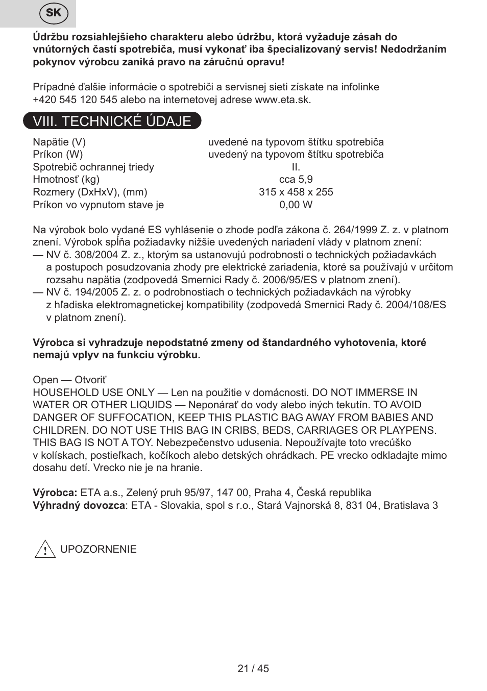 Viii. technické údaje | ETA Silentino User Manual | Page 21 / 52