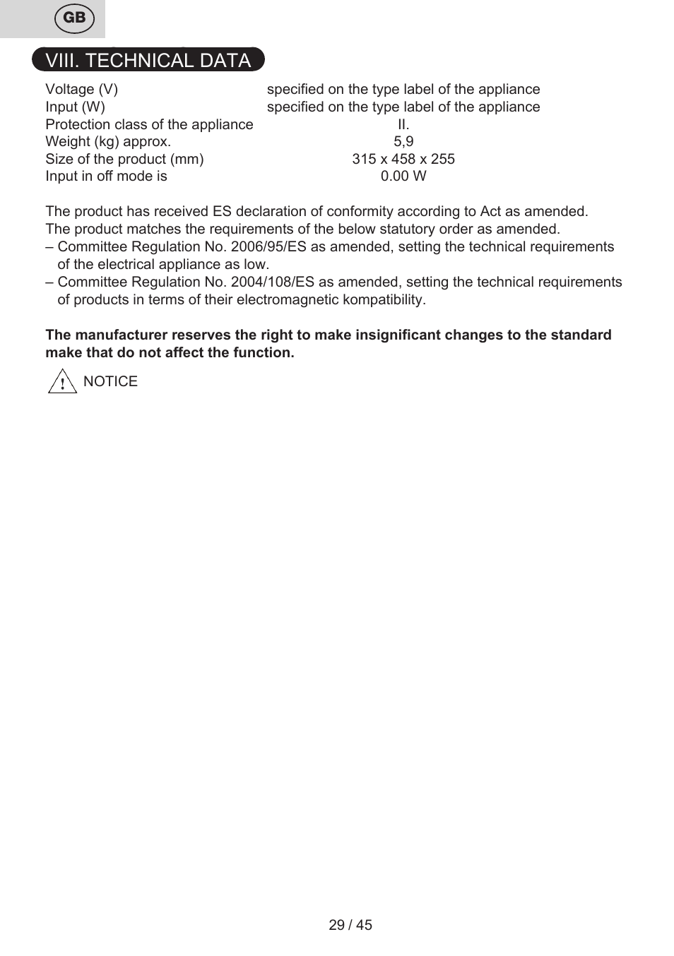 Viii. technical data | ETA Silentino User Manual | Page 29 / 52