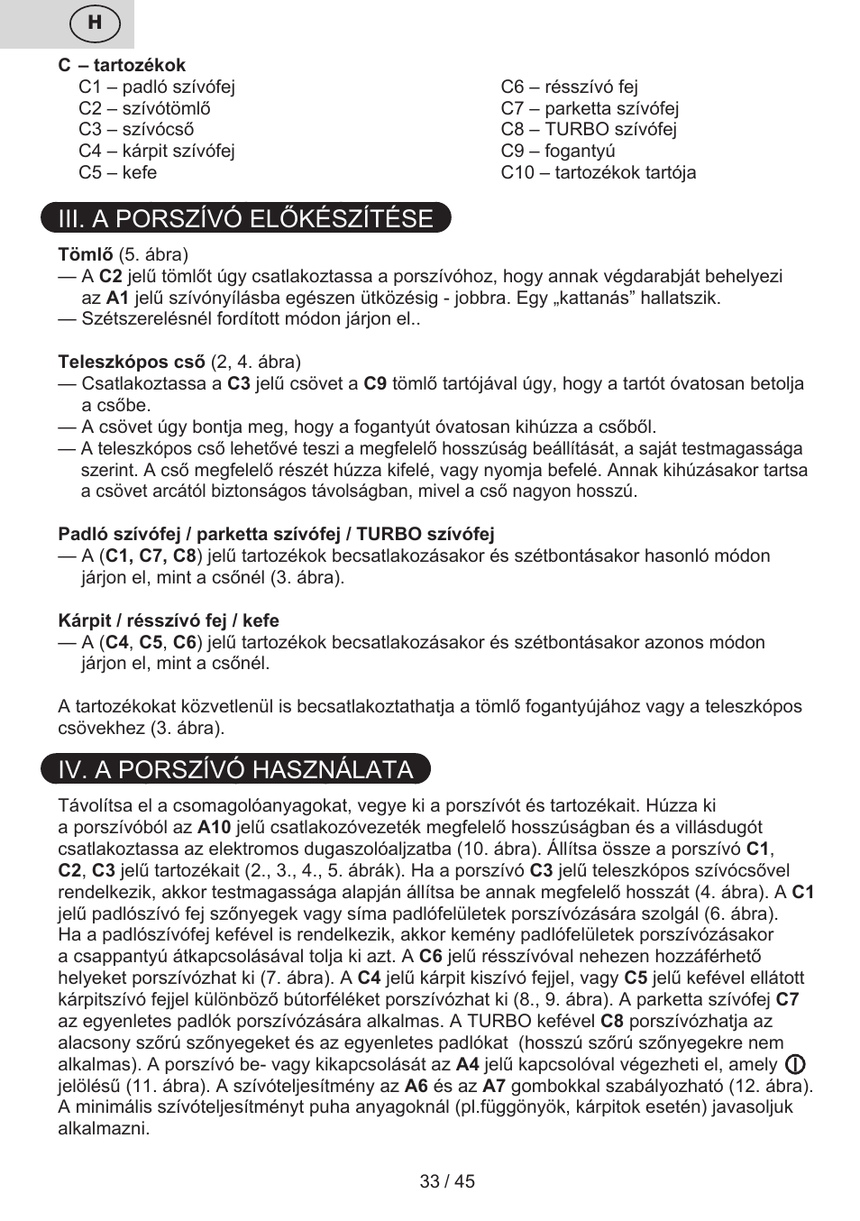 Iii. a porszívó előkészítése, Iv. a porszívó használata | ETA Silentino User Manual | Page 33 / 52