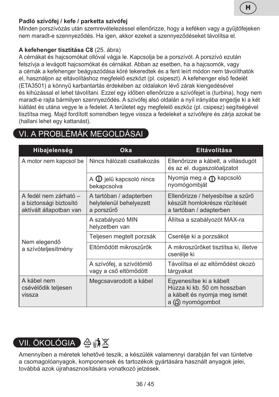 Vi. a problémák megoldásai, Vii. ökológia | ETA Silentino User Manual | Page 36 / 52