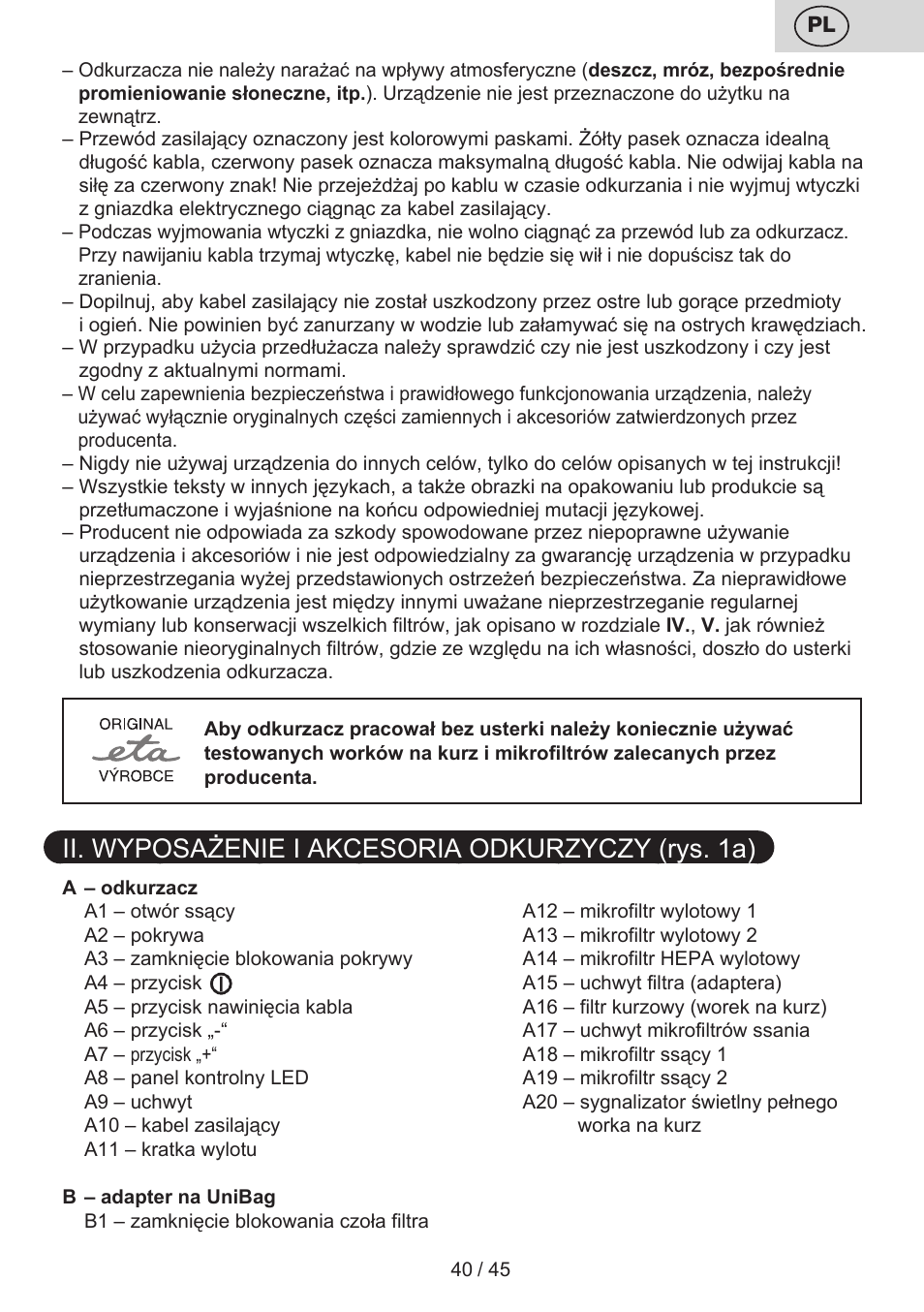 Ii. wyposażenie i akcesoria odkurzyczy (rys. 1a) | ETA Silentino User Manual | Page 40 / 52