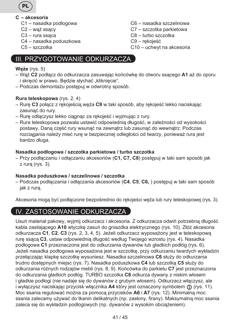 Iii. przygotowanie odkurzacza, Iv. zastosowanie odkurzacza | ETA Silentino User Manual | Page 41 / 52