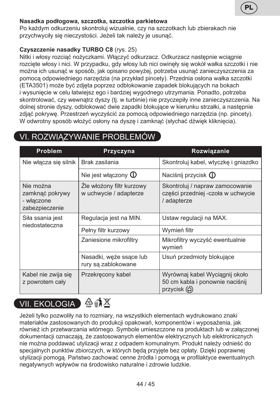Vi. rozwiązywanie problemów, Vii. ekologia | ETA Silentino User Manual | Page 44 / 52