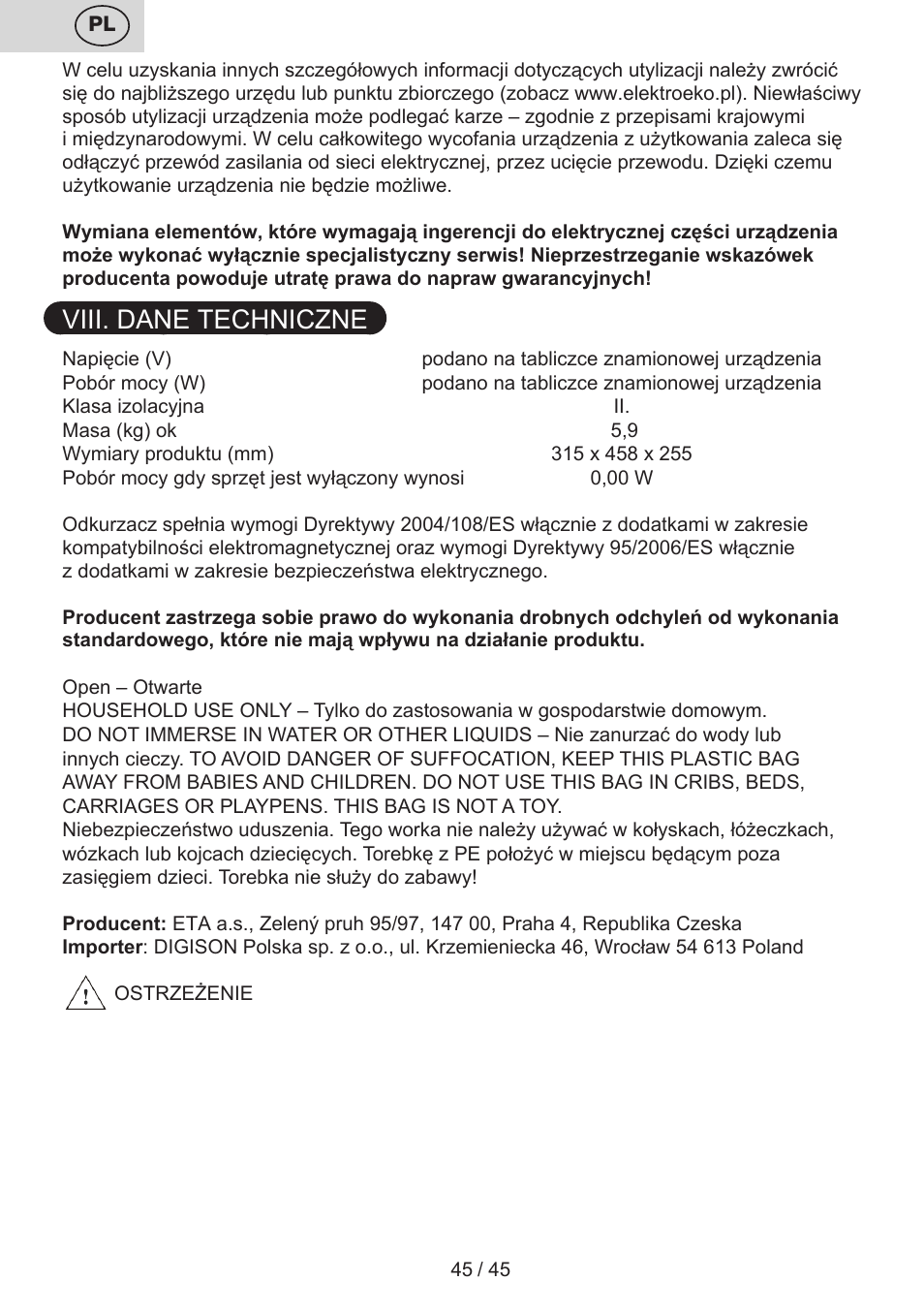 Viii. dane techniczne | ETA Silentino User Manual | Page 45 / 52
