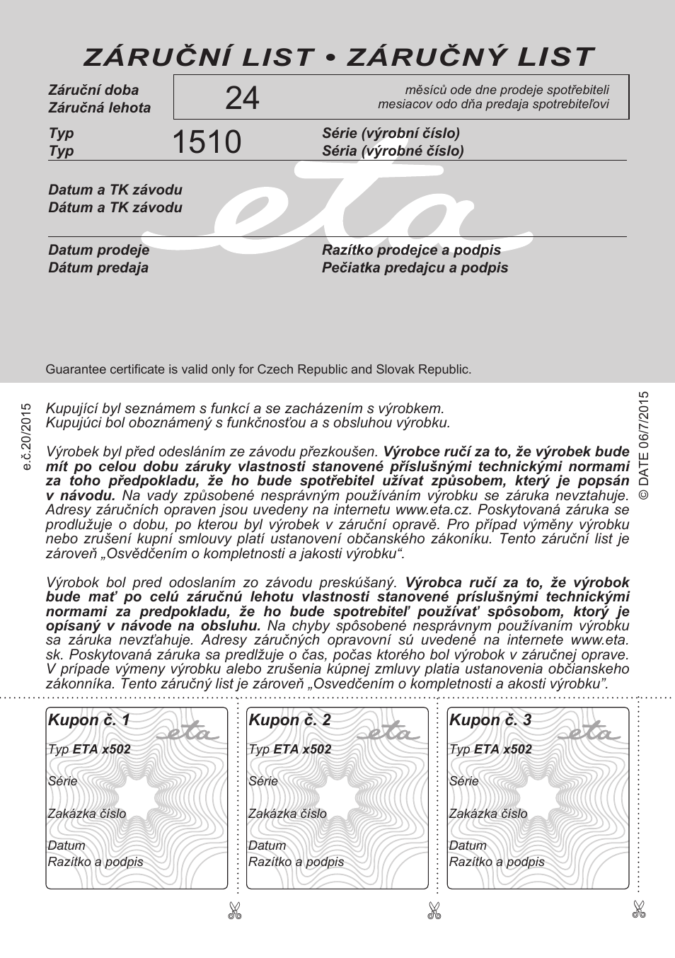 List, Záruční list • záručný | ETA Silentino User Manual | Page 52 / 52