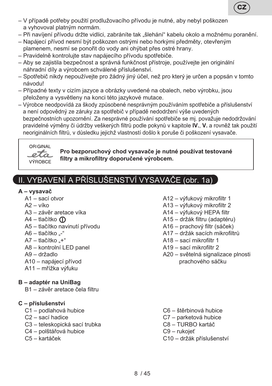 Ii. vybavení a příslušenství vysavače (obr. 1a) | ETA Silentino User Manual | Page 8 / 52