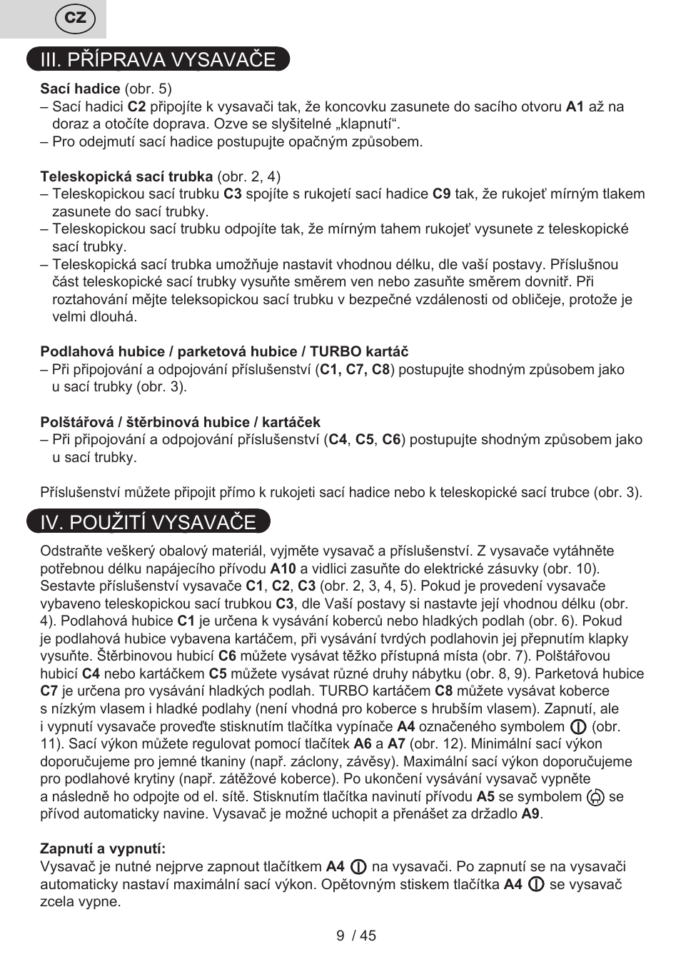 Iii. příprava vysavače, Iv. použití vysavače | ETA Silentino User Manual | Page 9 / 52