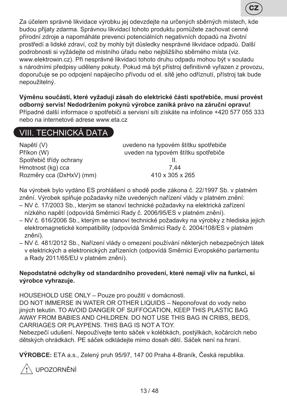 Viii. technická data | ETA Dualic II User Manual | Page 13 / 52