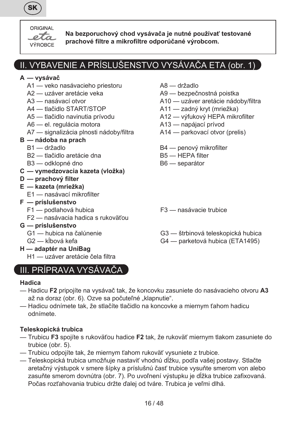 Iii. príprava vysávača | ETA Dualic II User Manual | Page 16 / 52