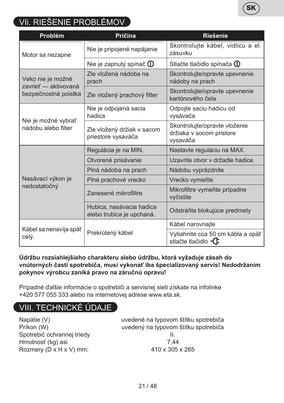 Vii. riešenie problémov, Viii. technické údaje | ETA Dualic II User Manual | Page 21 / 52
