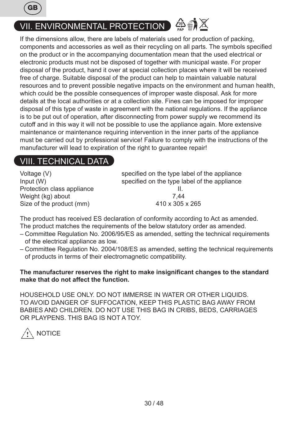 Vii. environmental protection, Viii. technical data | ETA Dualic II User Manual | Page 30 / 52