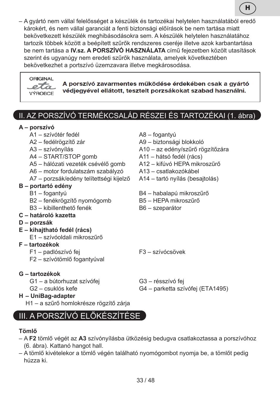 Iii. a porszívó előkészítése | ETA Dualic II User Manual | Page 33 / 52